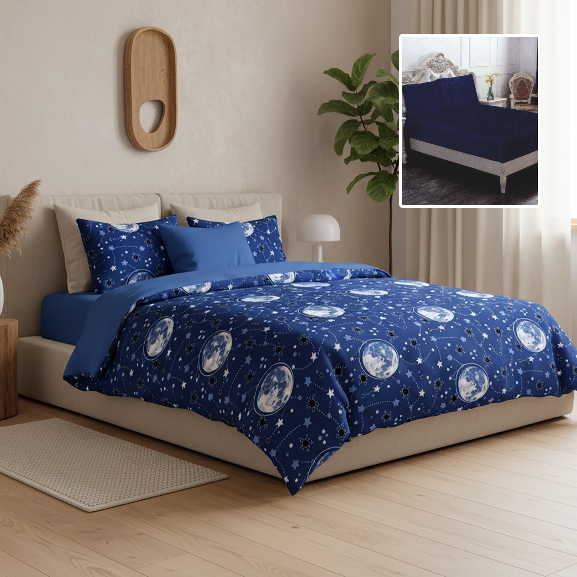 Lenjerie de pat finet 6 piese, cearceaf pat cu elastic, cearceaf pilota 200x230, 2 fete perna 50x70, 2 fete perna 70x70, Extra, Galaxy Relax KipRoom