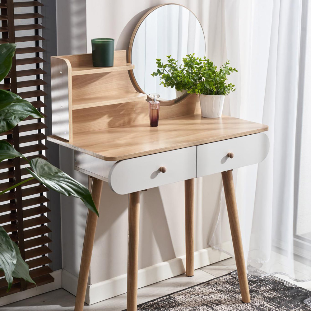 Masa de toaleta si machiaj Ravena, alb fag, cu 2 sertare, oglinda, 80x40x122 cm Household NewTrend