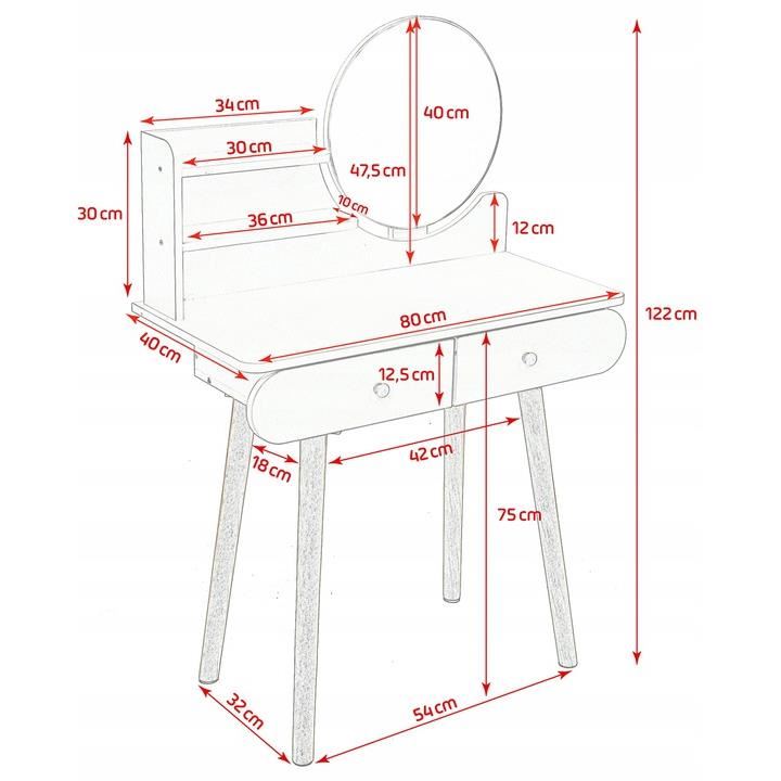 Masa de toaleta si machiaj Ravena, alb fag, cu 2 sertare, oglinda, 80x40x122 cm Household NewTrend