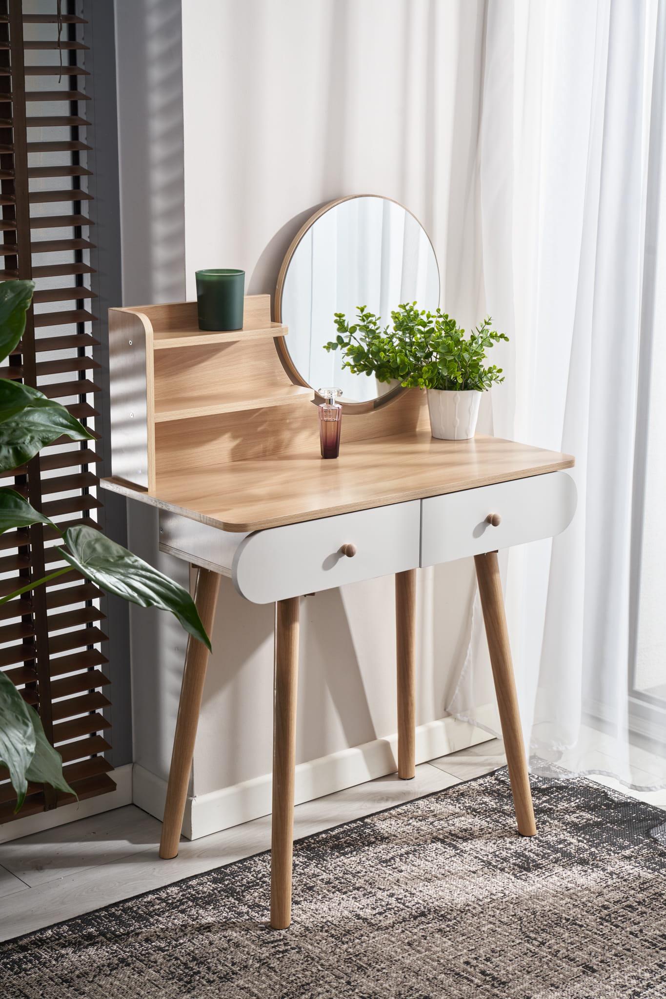 Masa de toaleta si machiaj Ravena, alb fag, cu 2 sertare, oglinda, 80x40x122 cm Household NewTrend