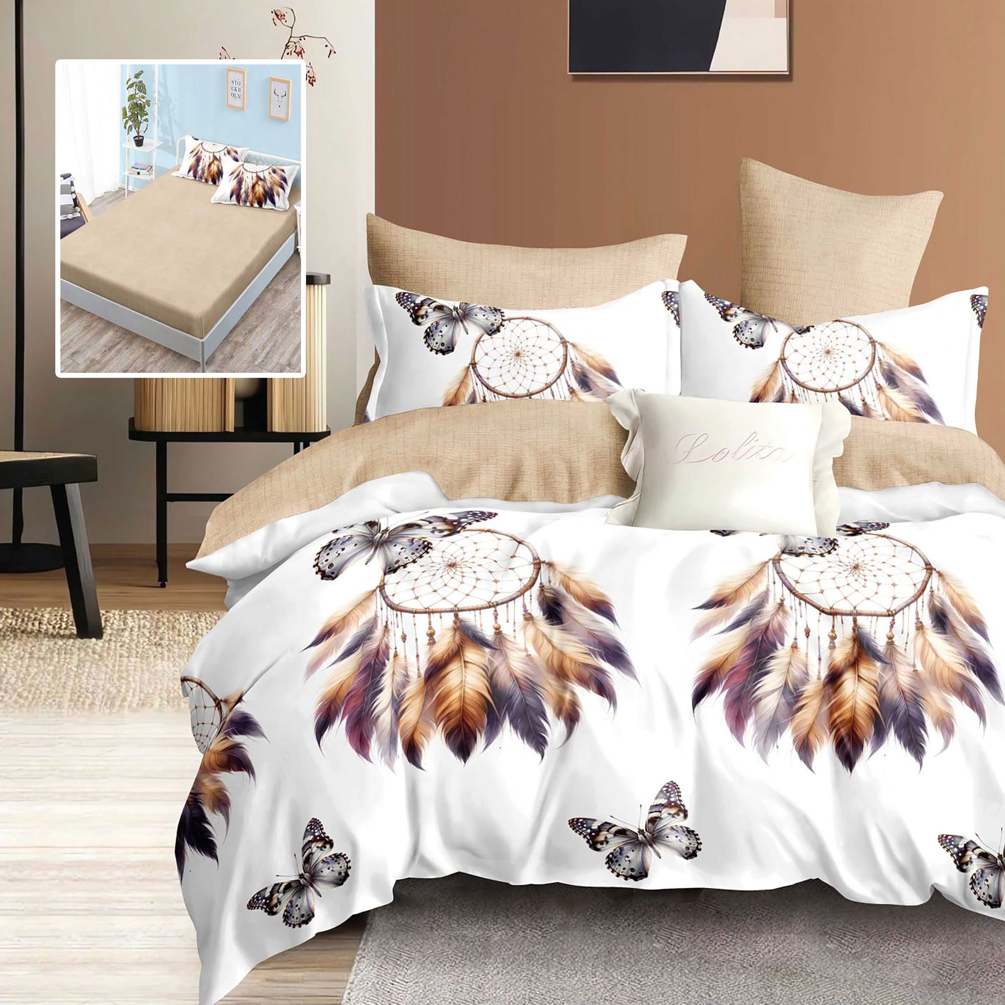 Lenjerie de pat finet 6 piese, cearceaf pat cu elastic, cearceaf pilota 200x230, 2 fete perna 50x70, 2 fete perna 70x70, Extra, Pene crem Relax KipRoom