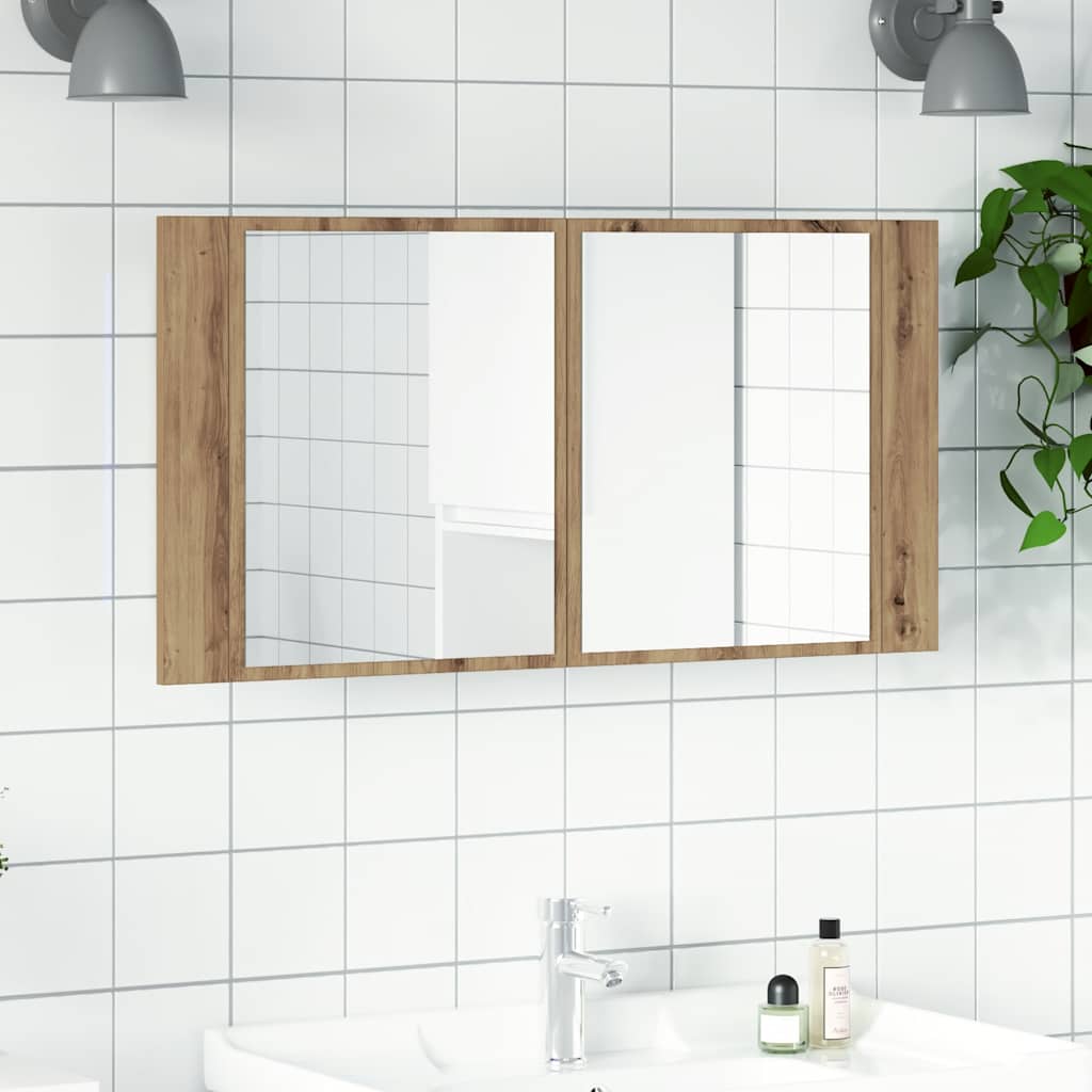 Dulap cu oglindă & LED stejar artizanal 90x12x45 cm lemn GartenMobel Dekor