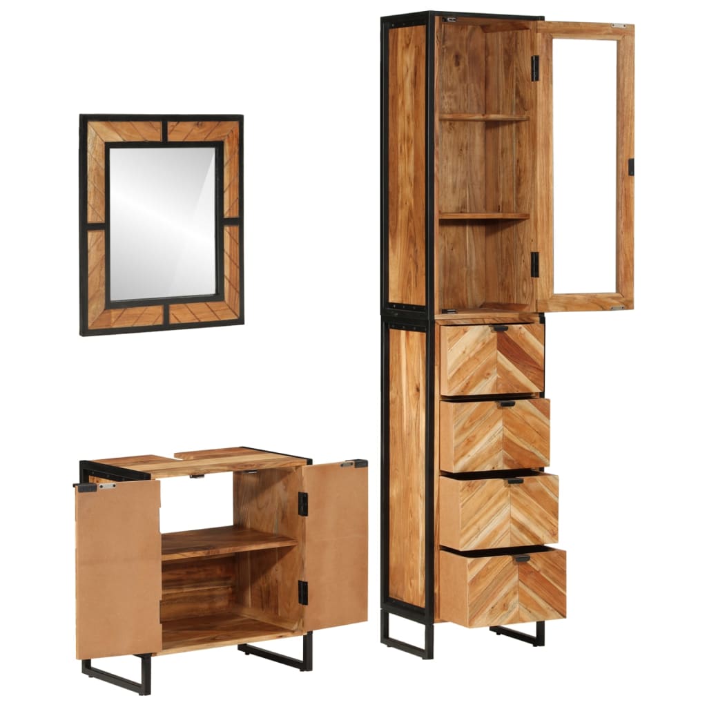 Set mobilier de baie, 3 piese, fier și lemn masiv de acacia GartenMobel Dekor