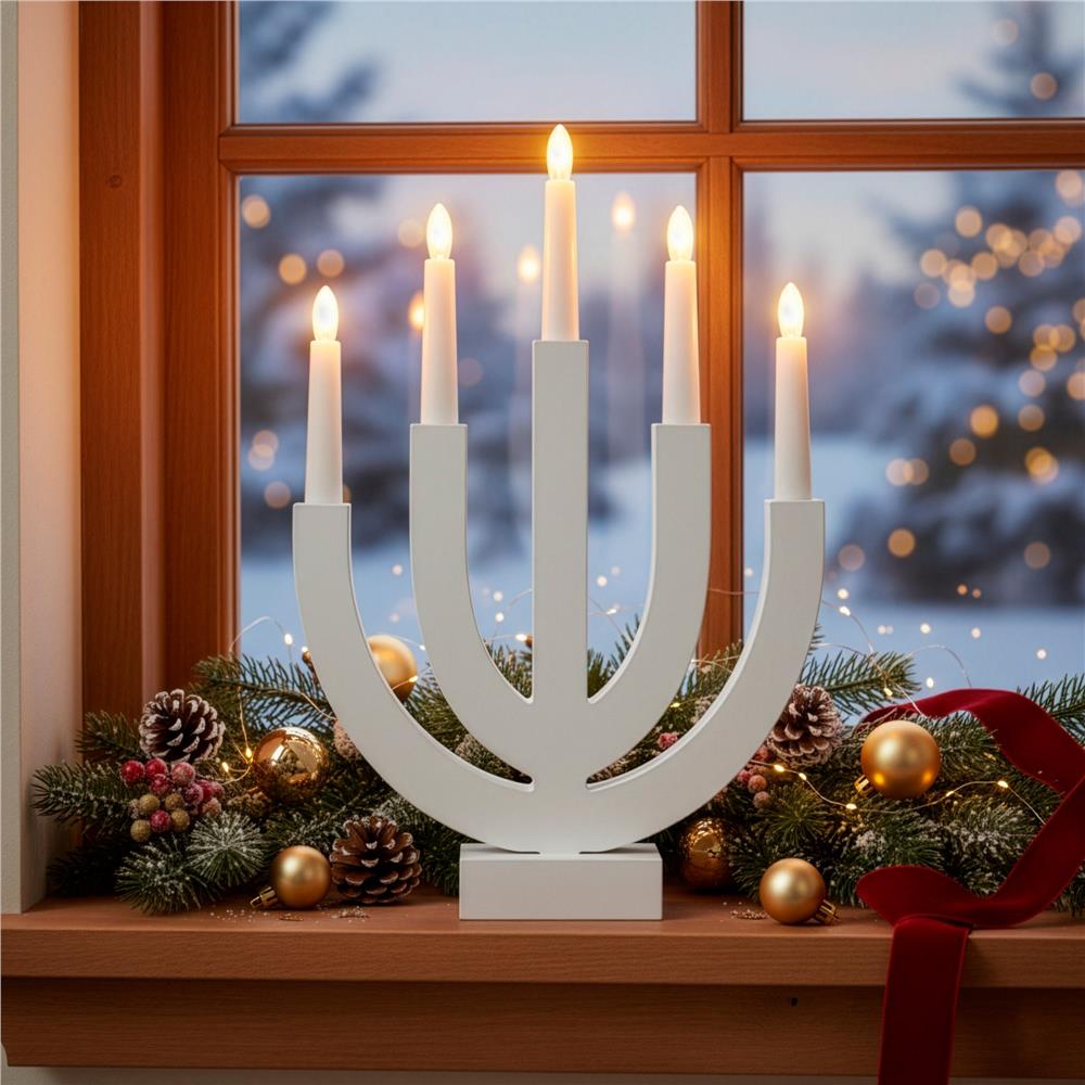 Decoratiune luminoasa tip sfesnic, din lemn, 39 cm, lumina calda, alimentare cu baterii, alb Household NewTrend