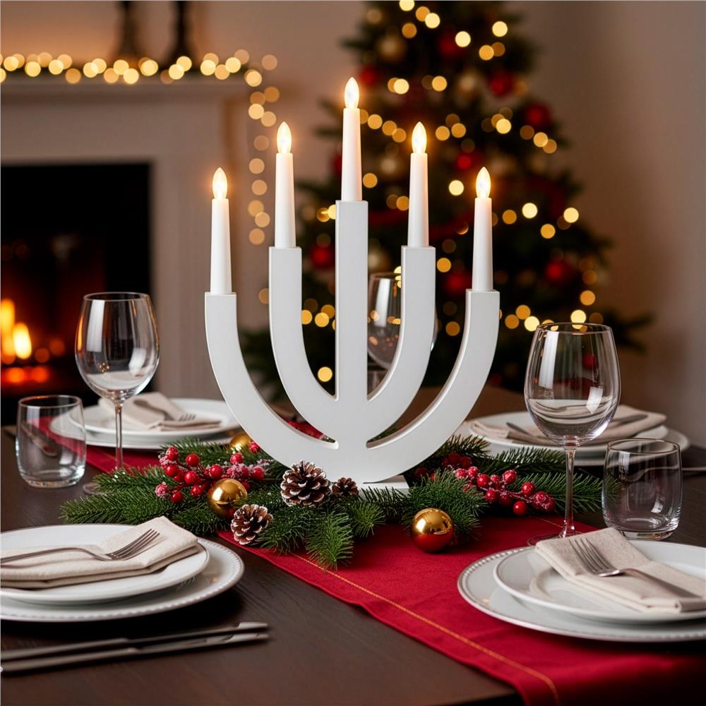 Decoratiune luminoasa tip sfesnic, din lemn, 39 cm, lumina calda, alimentare cu baterii, alb Household NewTrend