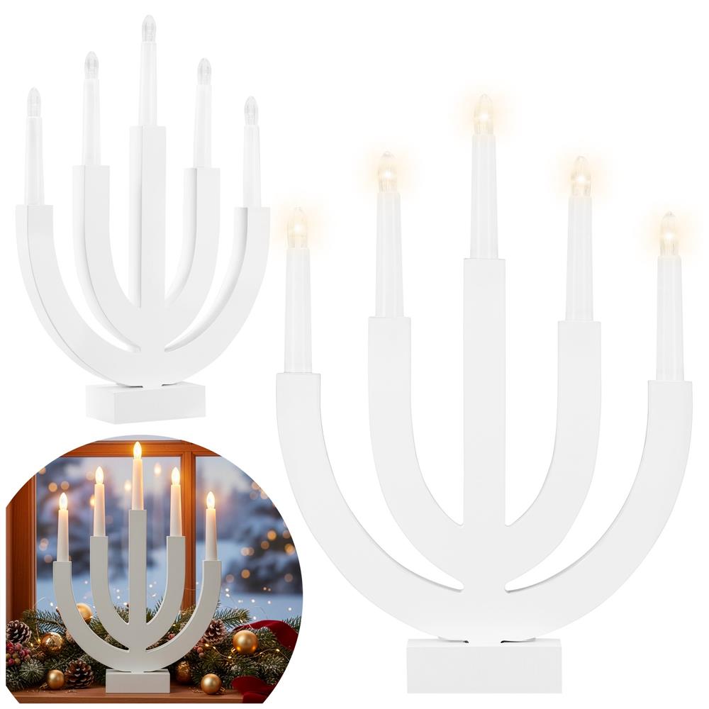 Decoratiune luminoasa tip sfesnic, din lemn, 39 cm, lumina calda, alimentare cu baterii, alb Household NewTrend