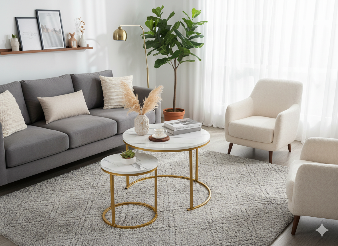 Set 2 masute cafea suprapozabile, MDF si metal, 60x50 cm si 40x40 cm, alb marmura si auriu Household NewTrend