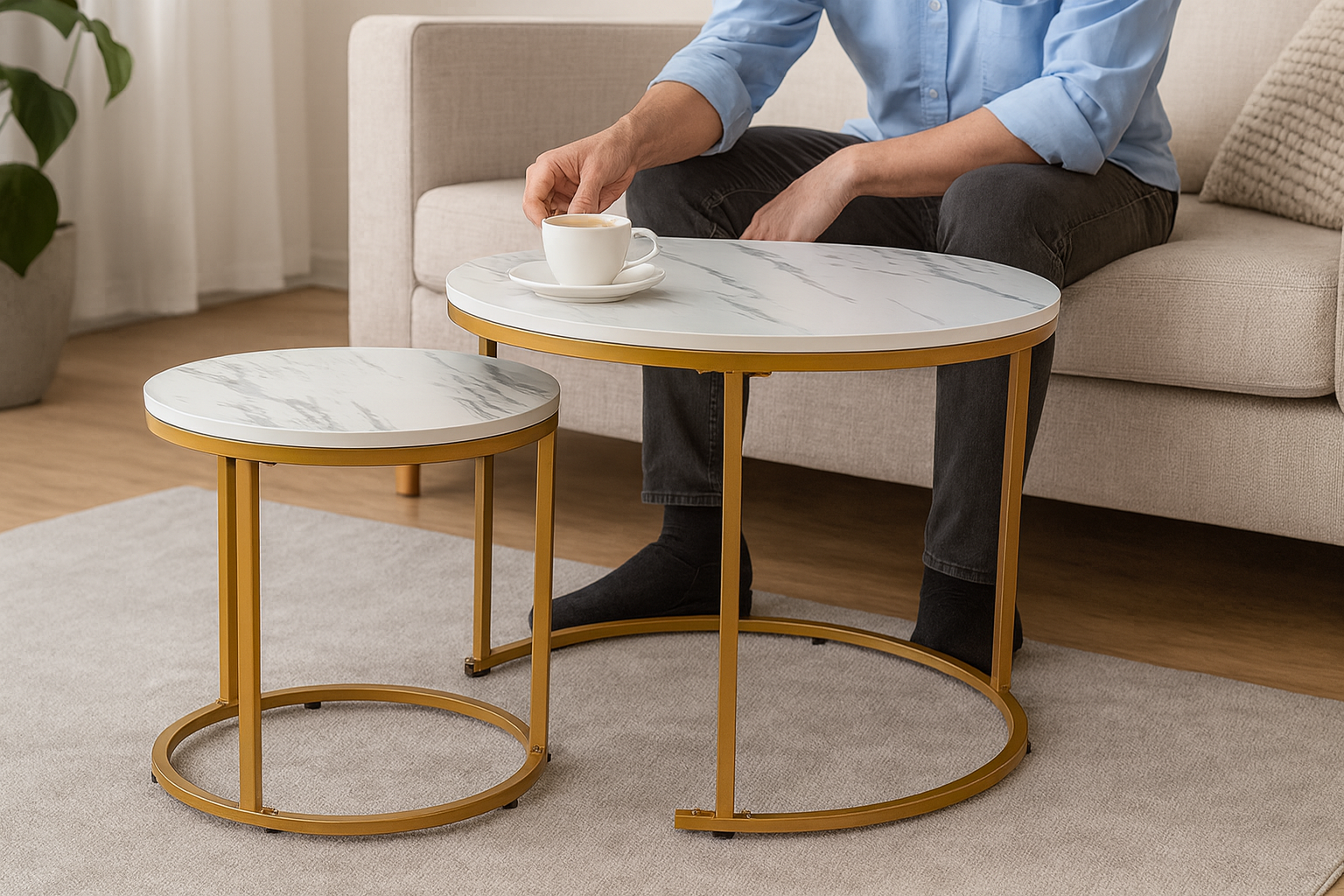 Set 2 masute cafea suprapozabile, MDF si metal, 60x50 cm si 40x40 cm, alb marmura si auriu Household NewTrend