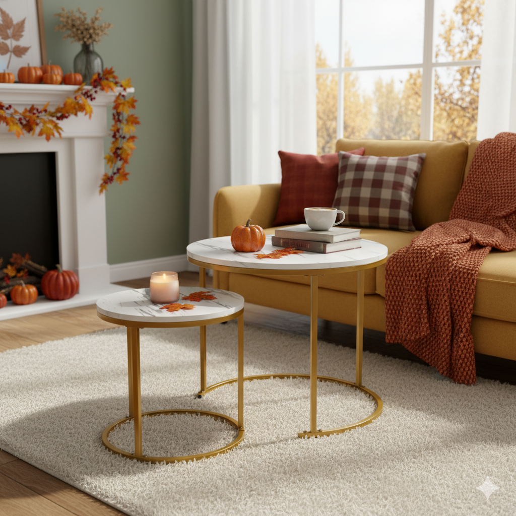 Set 2 masute cafea suprapozabile, MDF si metal, 60x50 cm si 40x40 cm, alb marmura si auriu Household NewTrend