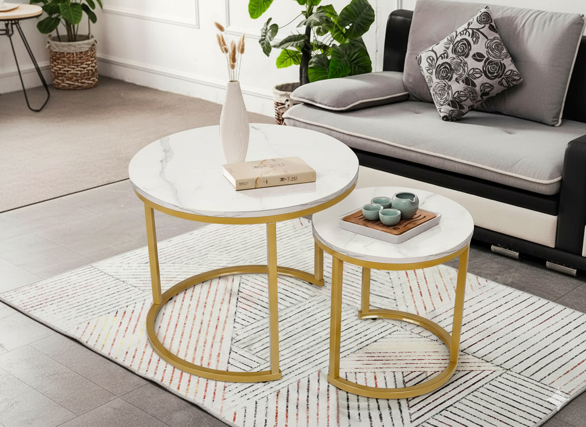 Set 2 masute cafea suprapozabile, MDF si metal, 60x50 cm si 40x40 cm, alb marmura si auriu Household NewTrend