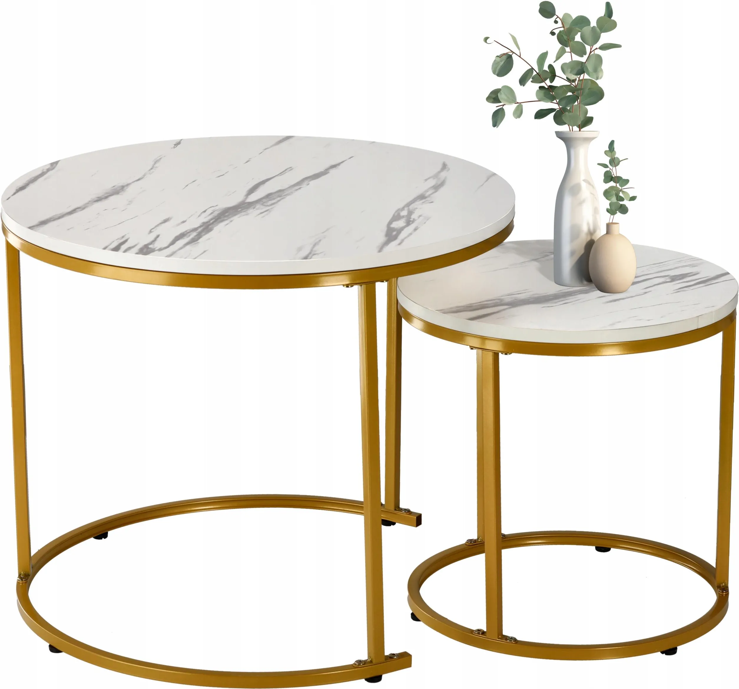 Set 2 masute cafea suprapozabile, MDF si metal, 60x50 cm si 40x40 cm, alb marmura si auriu Household NewTrend