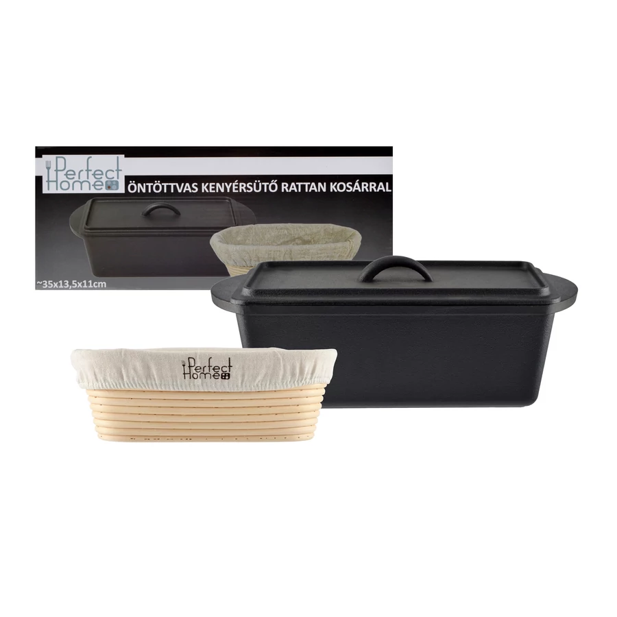Formă de copt pâine din fontă 35 × 13,5 × 11 cm, cu coș de dospire din ratan Handy KitchenServ