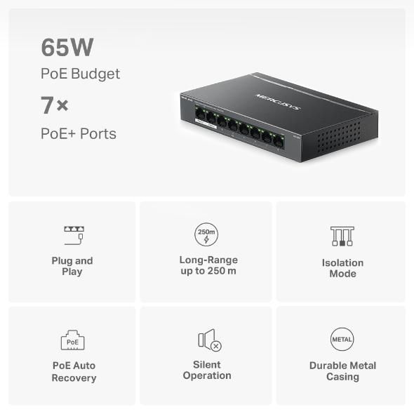 Switch 8 porturi gigabit 7 porturi PoE+ Mercusys - MS108GP SafetyGuard Surveillance