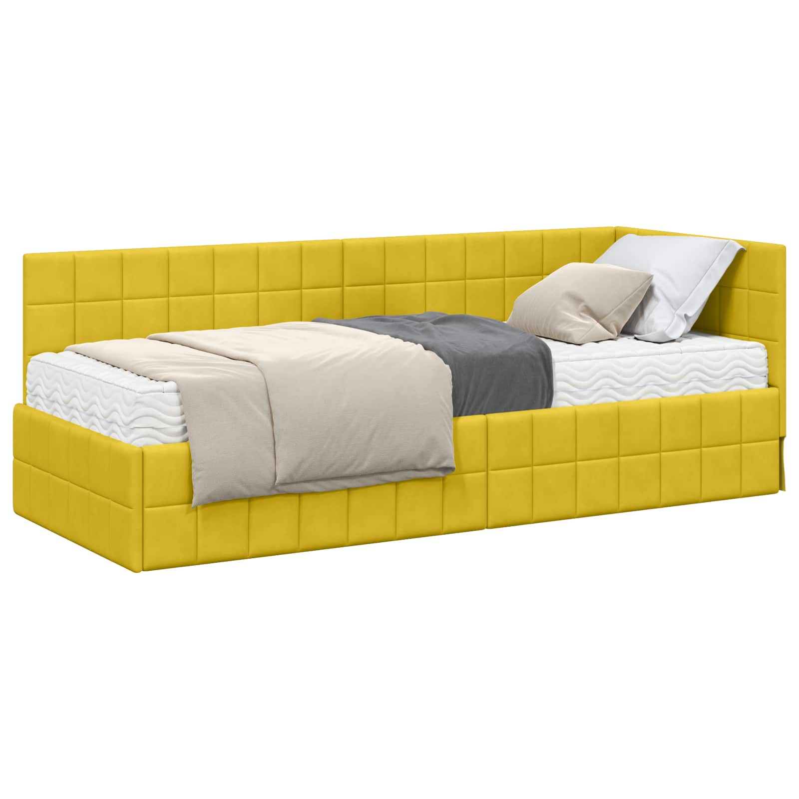 Cadru de pat colțar cu saltea cu headboard 2 pcs Galben Catifea GartenMobel Dekor