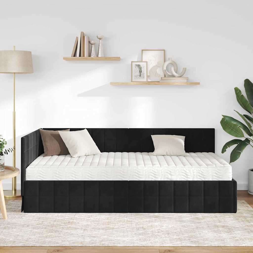 Cadru de pat colțar cu saltea cu headboard 2 pcs Negru Catifea GartenMobel Dekor