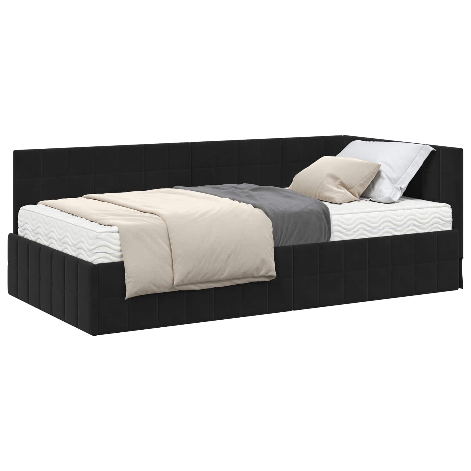 Cadru de pat colțar cu saltea cu headboard 2 pcs Negru Catifea GartenMobel Dekor