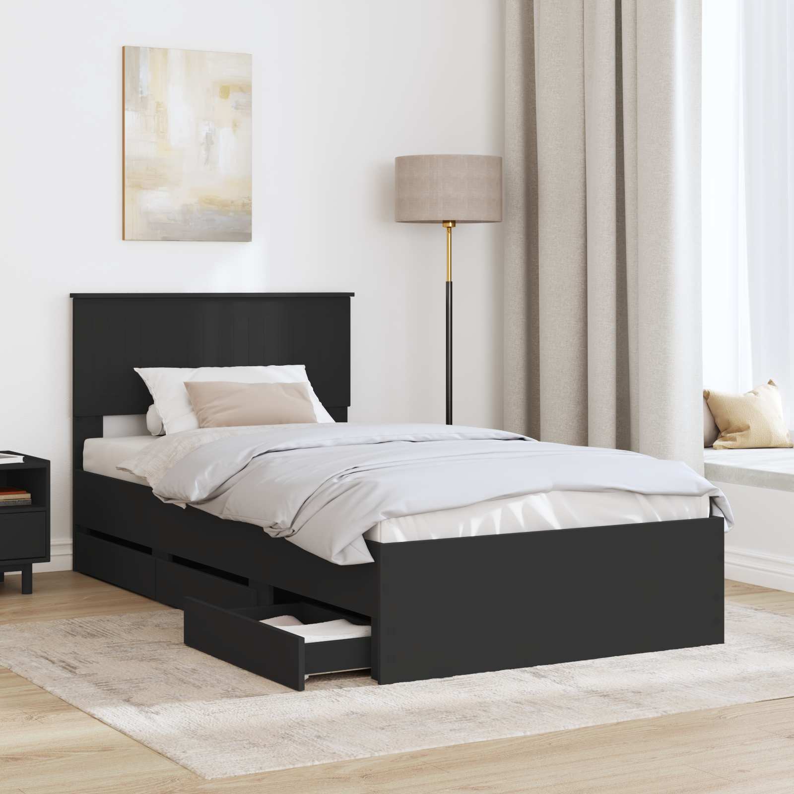 Cadru de pat cu sertar Negru 100 x 200 cm Lemn Ingineresc GartenMobel Dekor