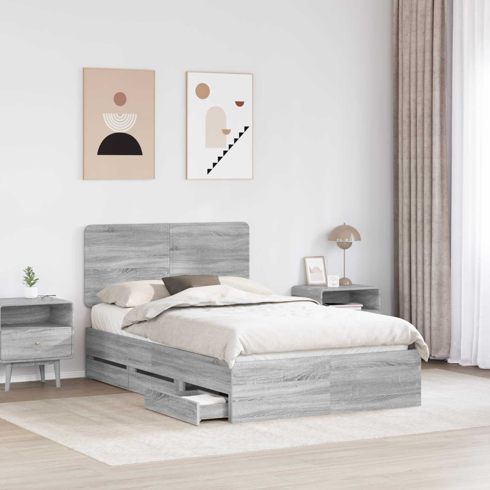 Cadru de pat cu sertar Gri Sonoma 120 x 200 cm Lemn Ingineresc GartenMobel Dekor