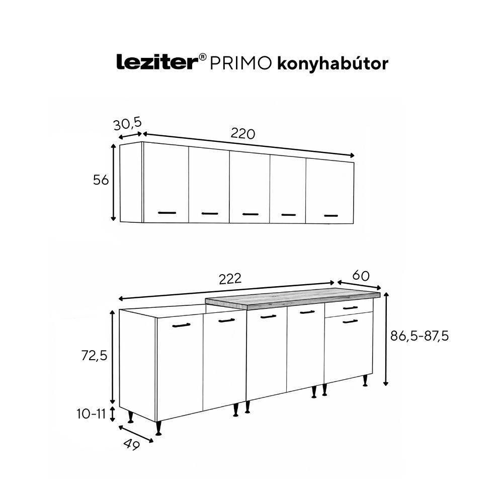 Leziter Dulap de bucătărie Primo 220 alb, blat de lucru din stejar charlestone Mobalis Homvera