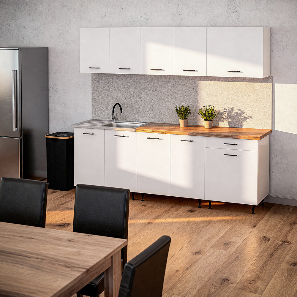 Leziter Dulap de bucătărie Primo 220 alb, blat de lucru din stejar charlestone Mobalis Homvera