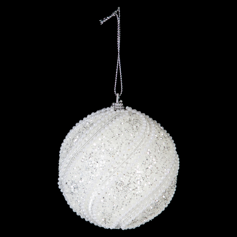 Set 12 globuri decorative cu sclipici si paiete, 3 modele asortate, diametru 8 cm, alb Household NewTrend