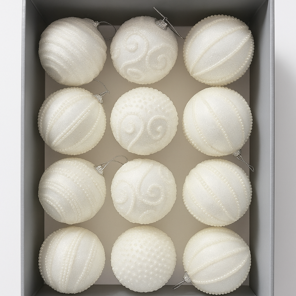 Set 12 globuri decorative cu sclipici si paiete, 3 modele asortate, diametru 8 cm, alb Household NewTrend