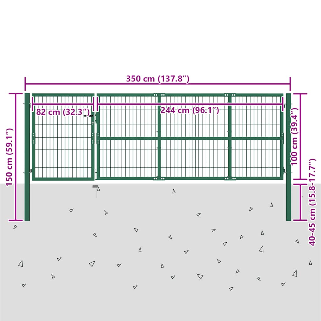 Poartă de gard de grădină cu stâlpi 350x100 cm, oțel, verde GartenMobel Dekor