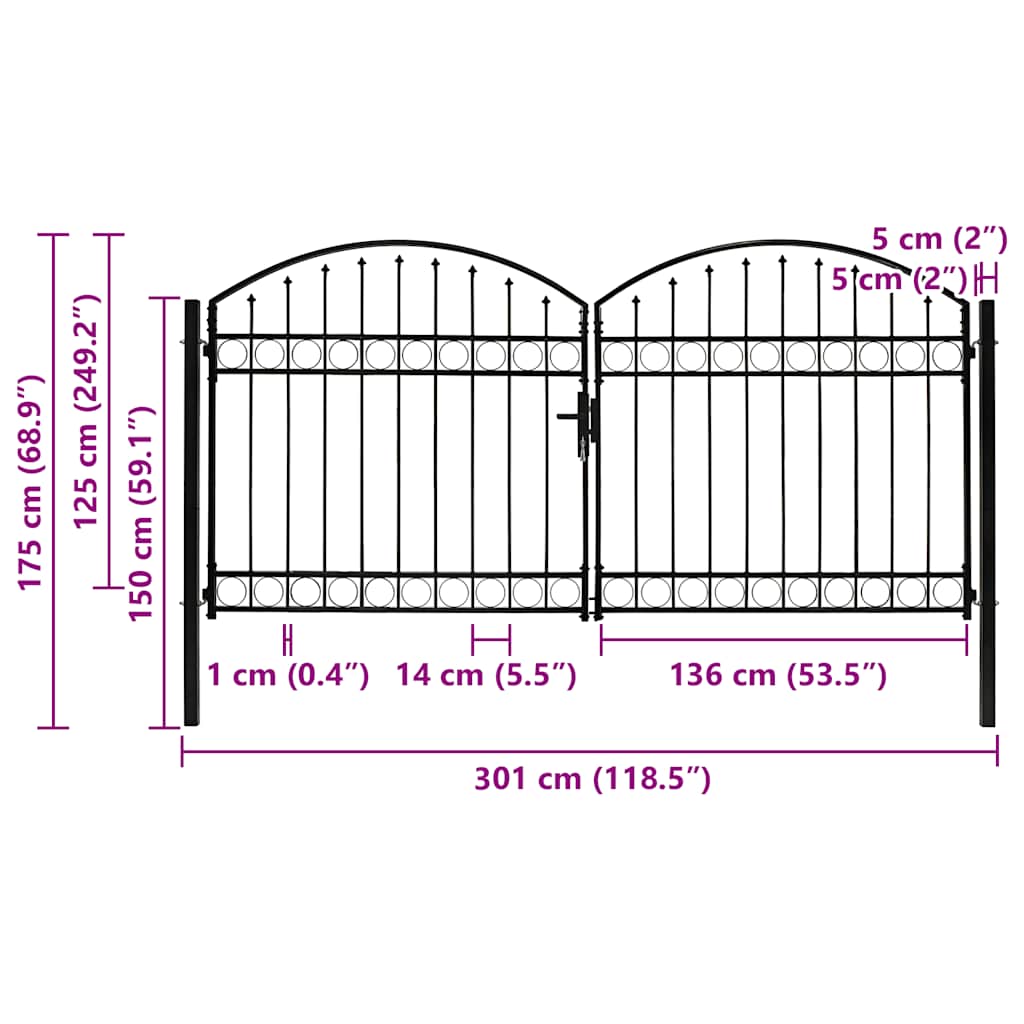 Poartă de gard dublă cu vârf în arcadă, negru, 300x125 cm, oțel GartenMobel Dekor