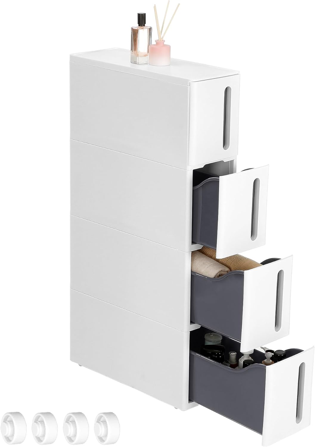 SONGMICS Etajera ingusta cu roti, pentru baie sau bucatarie, cu 4 sertare, 45x17x84 cm, alb Household NewTrend