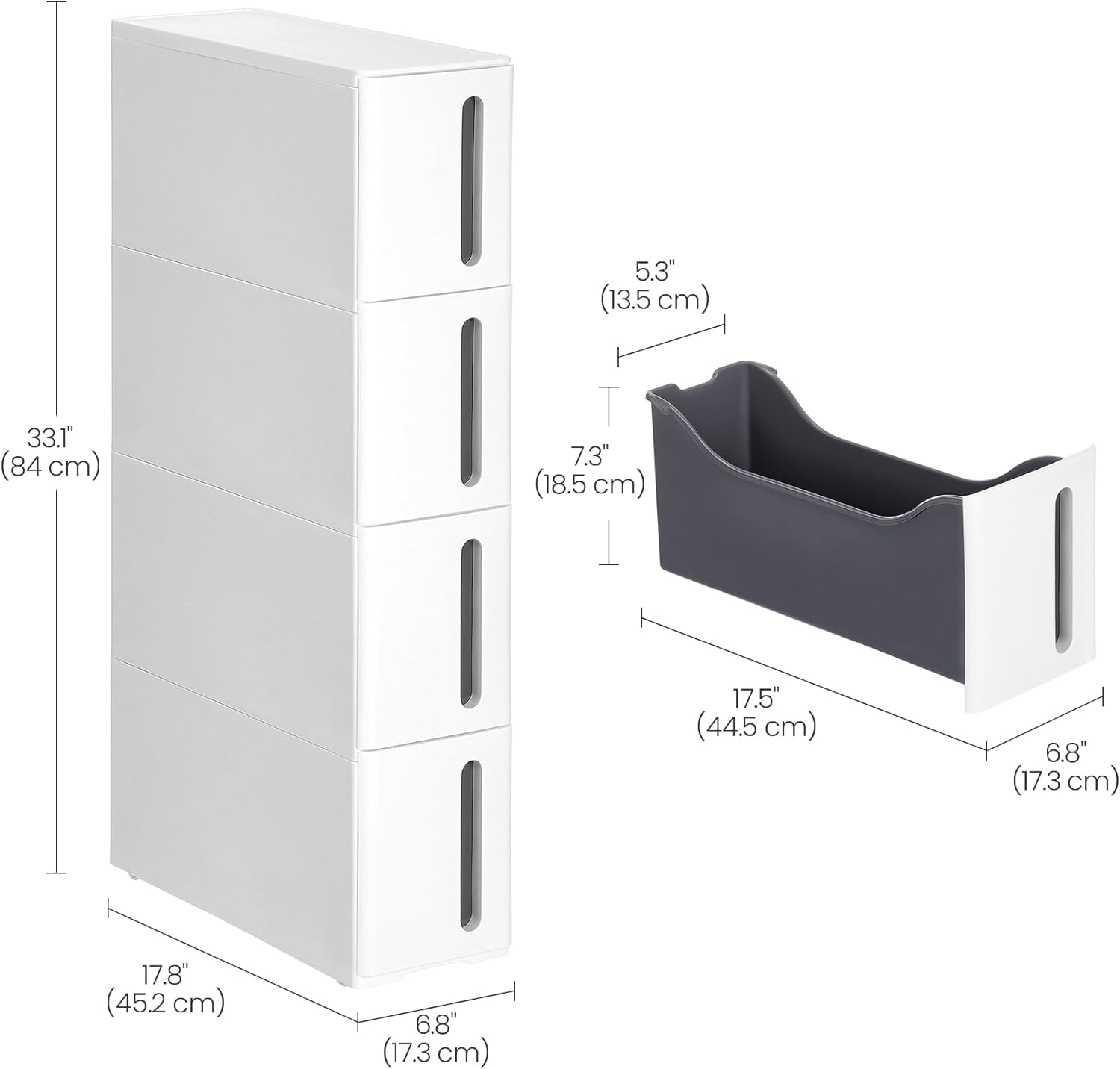 SONGMICS Etajera ingusta cu roti, pentru baie sau bucatarie, cu 4 sertare, 45x17x84 cm, alb Household NewTrend