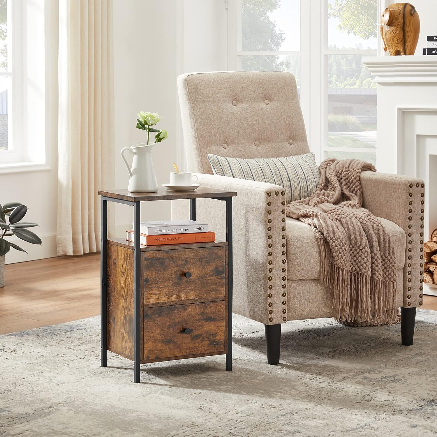 VASAGLE Noptiera cu 2 sertare pentru dormitor, design industrial, 28x38x60cm, maro si negru Household NewTrend