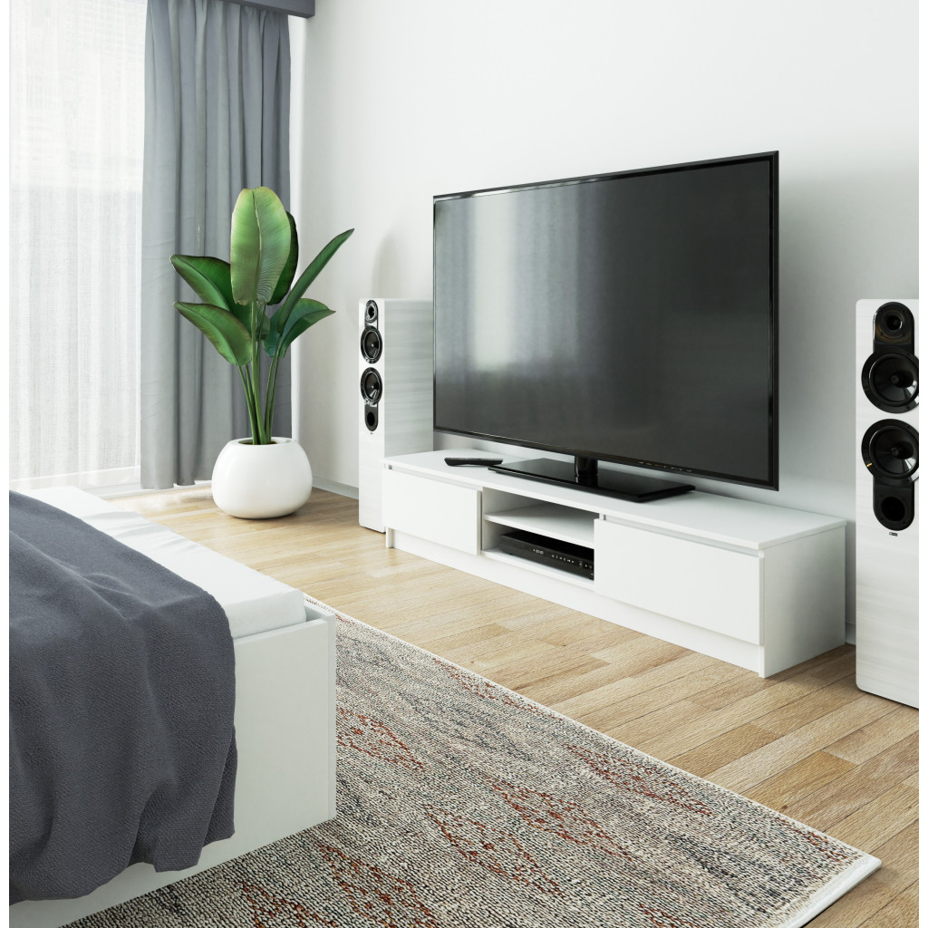 Comoda TV cu 2 usi si rafturi centrale, PAL laminat, 160x40x33 cm, alb mat Household NewTrend