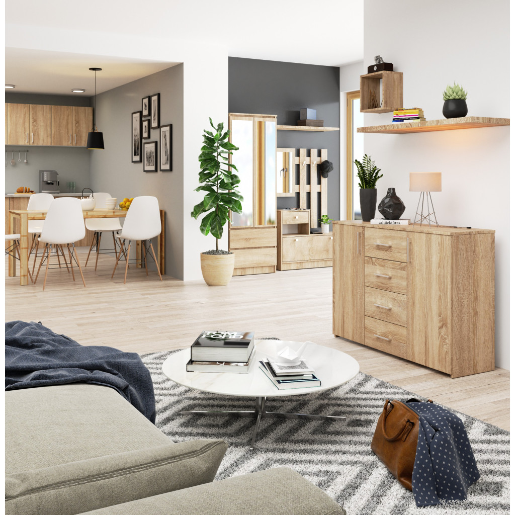 Comoda cu 4 sertare si 2 usi, PAL laminat, 110x35x80 cm, stejar sonoma Household NewTrend