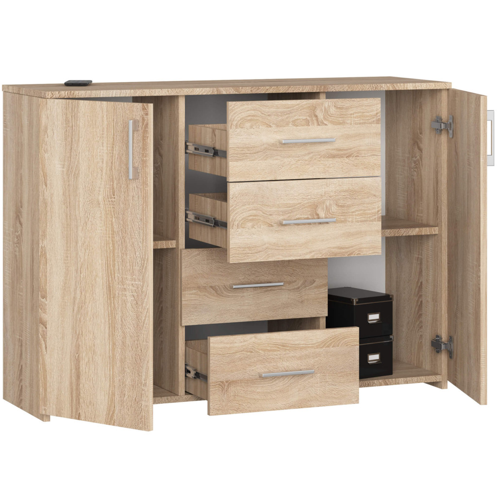 Comoda cu 4 sertare si 2 usi, PAL laminat, 110x35x80 cm, stejar sonoma Household NewTrend
