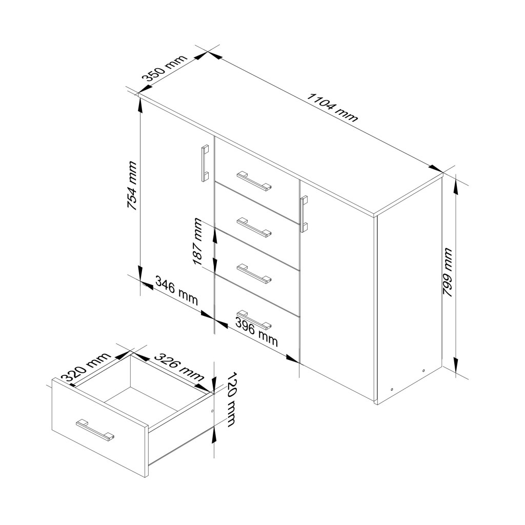 Comoda cu 4 sertare si 2 usi, PAL laminat, 110x35x80 cm, stejar sonoma Household NewTrend