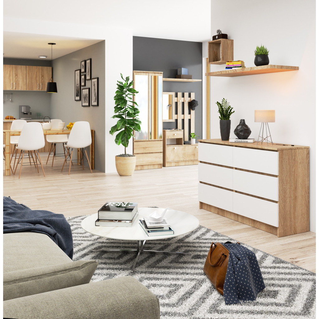 Comoda cu 6 sertare, PAL laminat, 120x40x77 cm, stejar sonoma si alb mat Household NewTrend