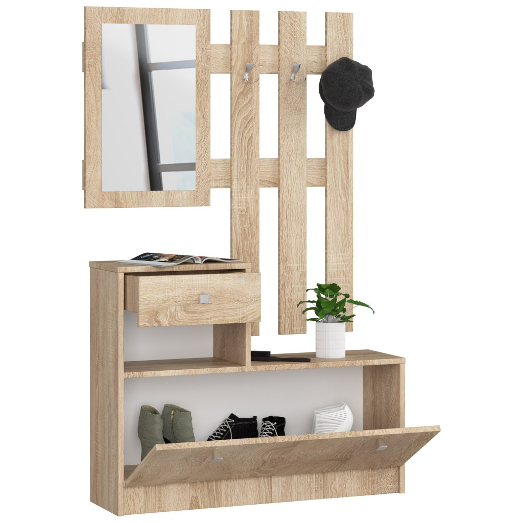 Set mobilier hol cu pantofar, oglinda, sertar si cuier metalic, PAL laminat, 90x25x170 cm, stejar sonoma Household NewTrend