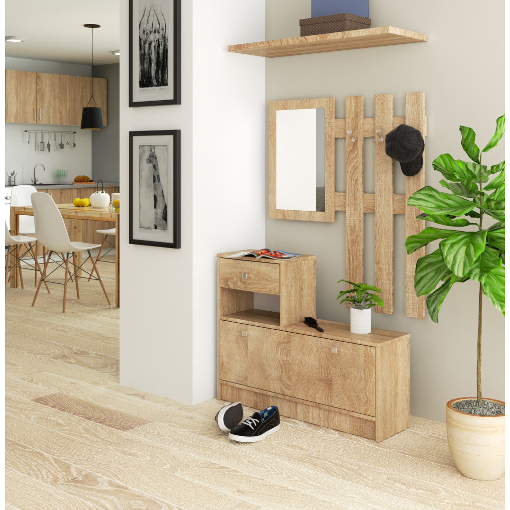 Set mobilier hol cu pantofar, oglinda, sertar si cuier metalic, PAL laminat, 90x25x170 cm, stejar sonoma Household NewTrend