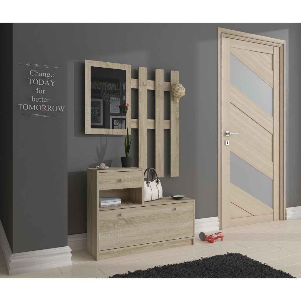 Set mobilier hol cu pantofar, oglinda, sertar si cuier metalic, PAL laminat, 90x25x170 cm, stejar sonoma Household NewTrend