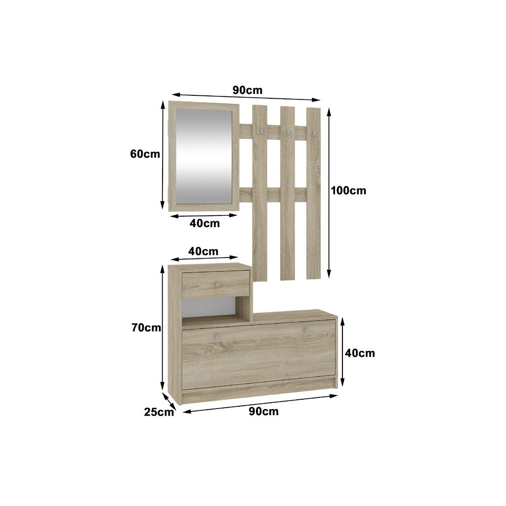 Set mobilier hol cu pantofar, oglinda, sertar si cuier metalic, PAL laminat, 90x25x170 cm, stejar sonoma Household NewTrend