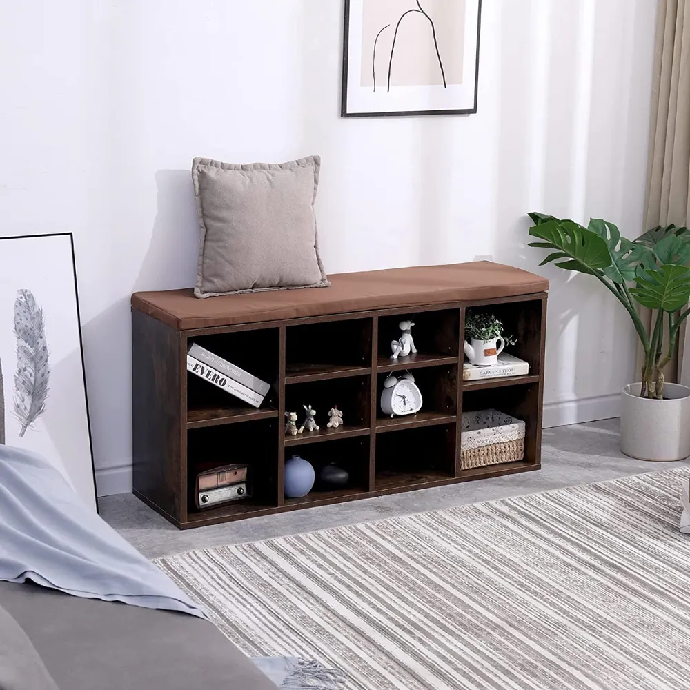 VASAGLE Banca pentru hol cu suport pentru pantofi, 10 compartimente, cu perna, 104x48x30cm, maro rustic Household NewTrend