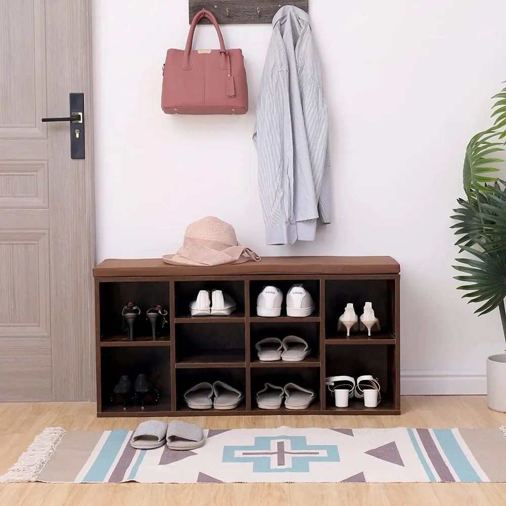 VASAGLE Banca pentru hol cu suport pentru pantofi, 10 compartimente, cu perna, 104x48x30cm, maro rustic Household NewTrend