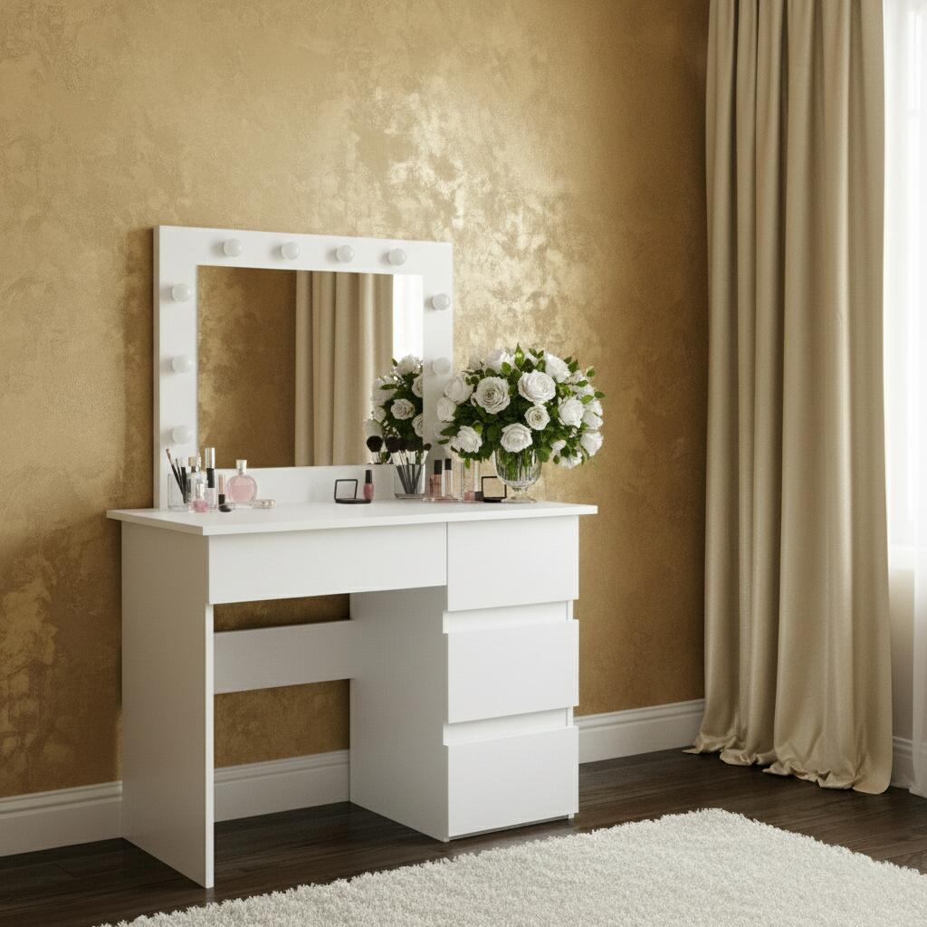 Masa de toaleta/machiaj, Irina, alba, cu oglinda si LED-uri, 94x43x141 cm GartenVIP DiyLine