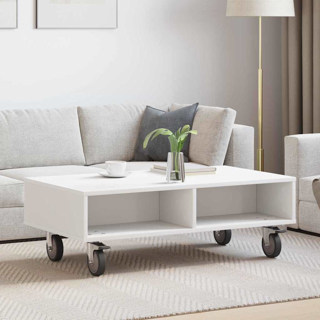 Masă laterală cu roți Alb 90 x 50 x 30 cm Lemn compozit GartenMobel Dekor
