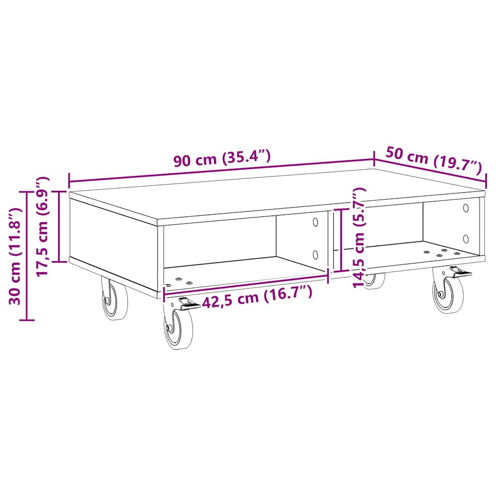 Masă laterală cu roți Gri din beton 90 x 50 x 30 cm GartenMobel Dekor