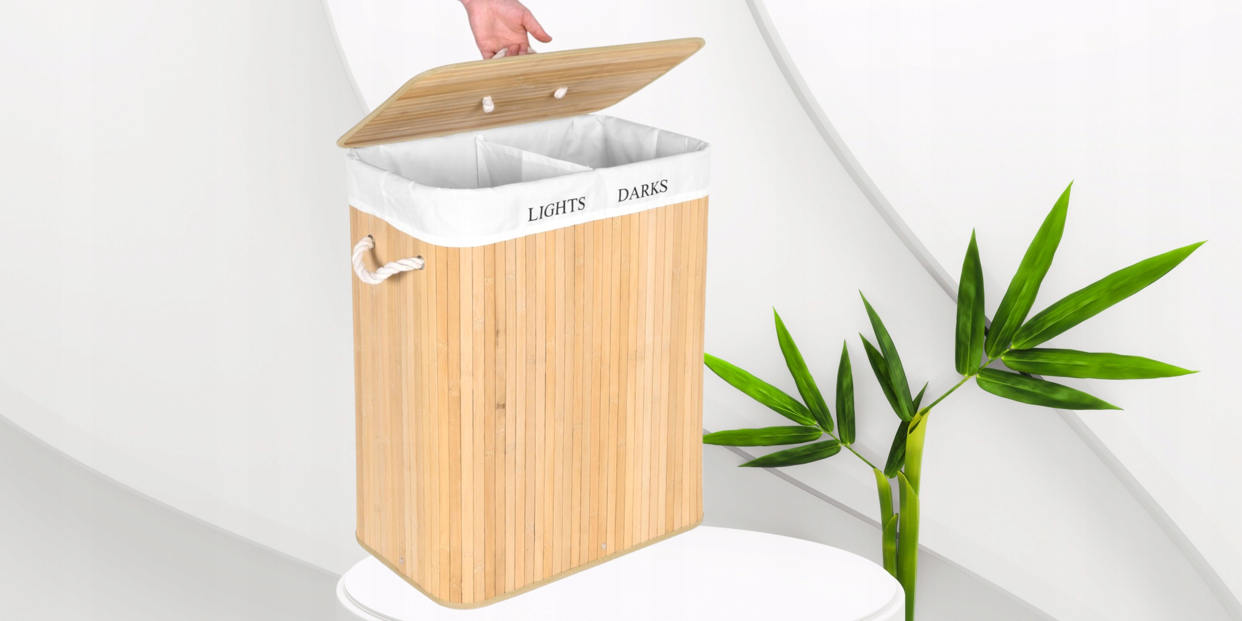 SONGMICS Cos de rufe din bambus cu capac, 2 compartimente, sac detasabil, volum 100L, 52x32x62cm, maro Household NewTrend