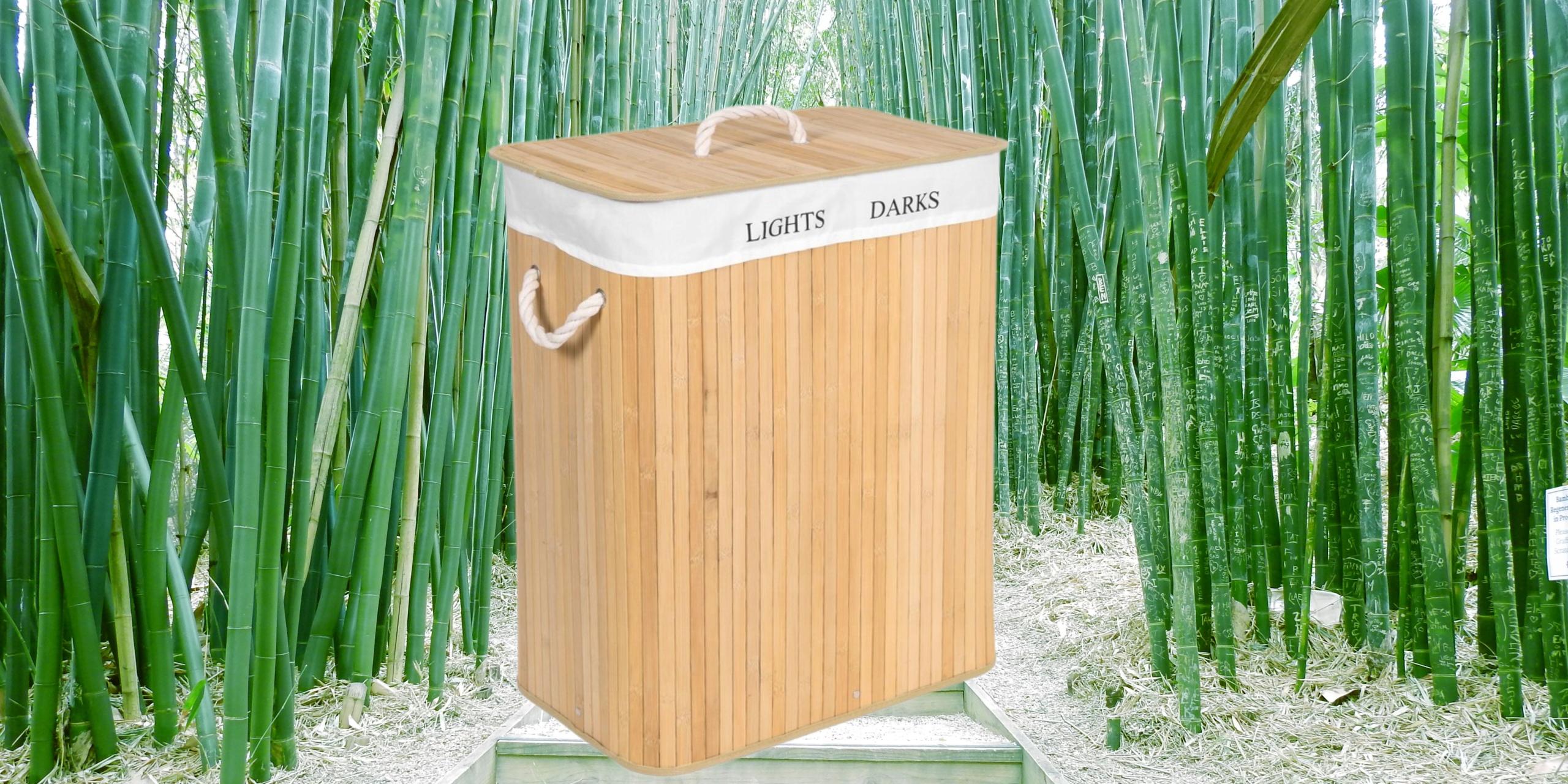 SONGMICS Cos de rufe din bambus cu capac, 2 compartimente, sac detasabil, volum 100L, 52x32x62cm, maro Household NewTrend