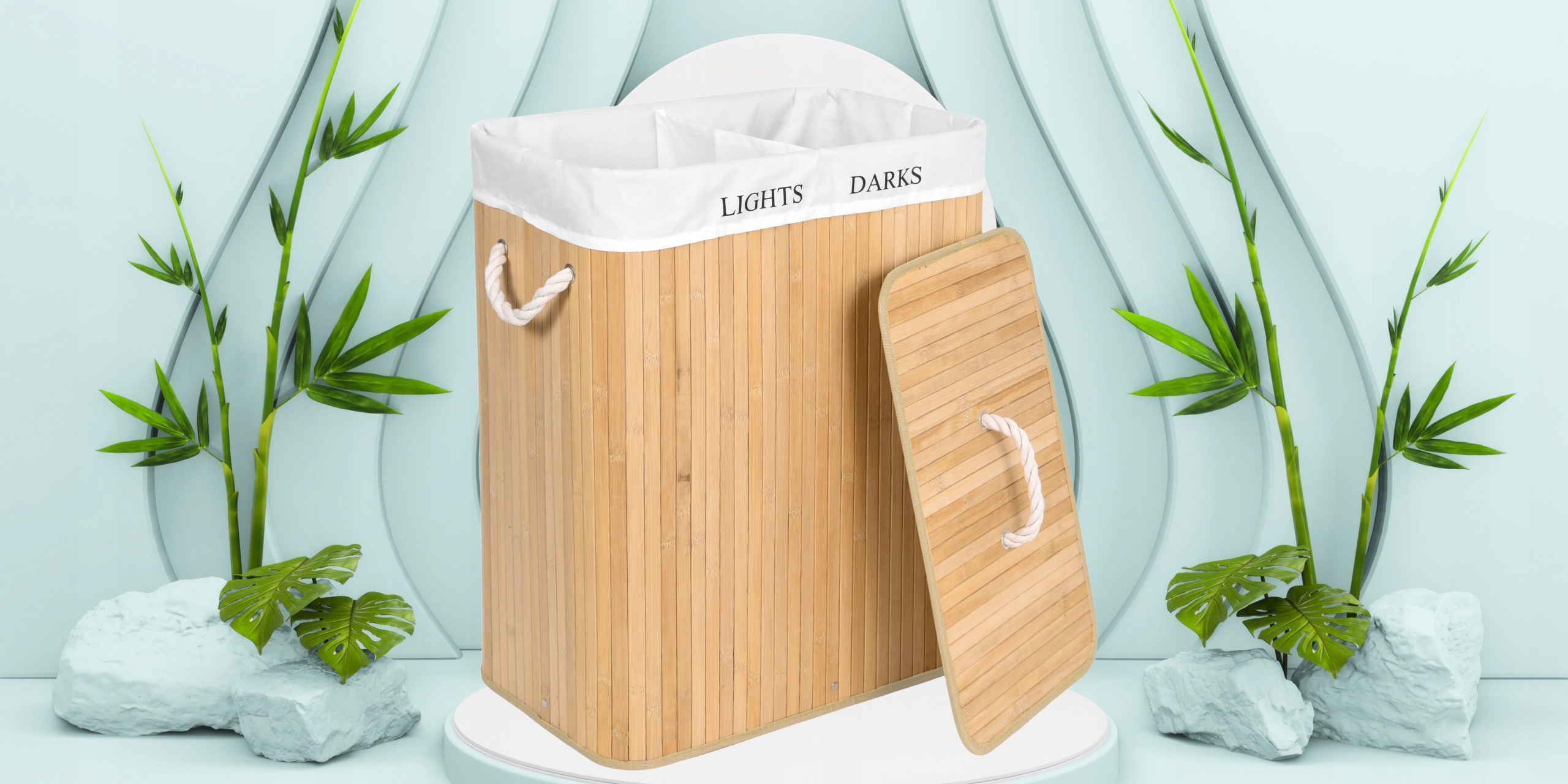 SONGMICS Cos de rufe din bambus cu capac, 2 compartimente, sac detasabil, volum 100L, 52x32x62cm, maro Household NewTrend