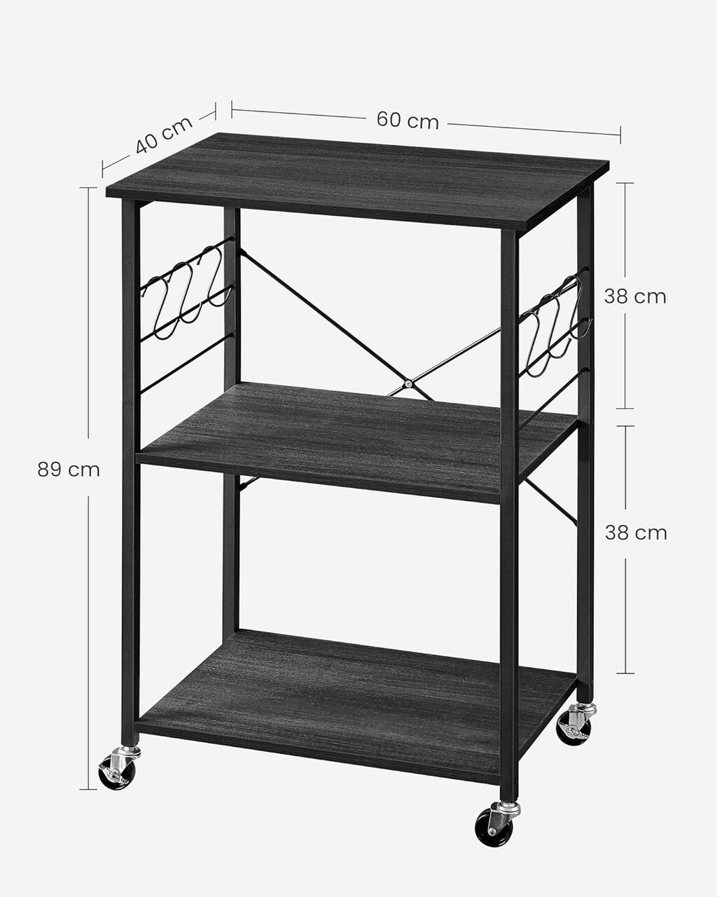 VASAGLE Raft de bucatarie pe roti, carucior de servire cu 3 rafturi, cadru metalic, 40x60x89 cm, design industrial, negru Household NewTrend