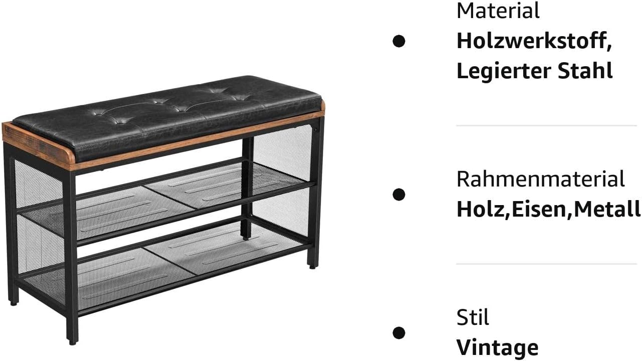 VASAGLE Banca pentru hol, cu raft suport de pantofi, sezut captusit imitatie piele, design industrial, 30x80x48cm, negru cu maro Household NewTrend